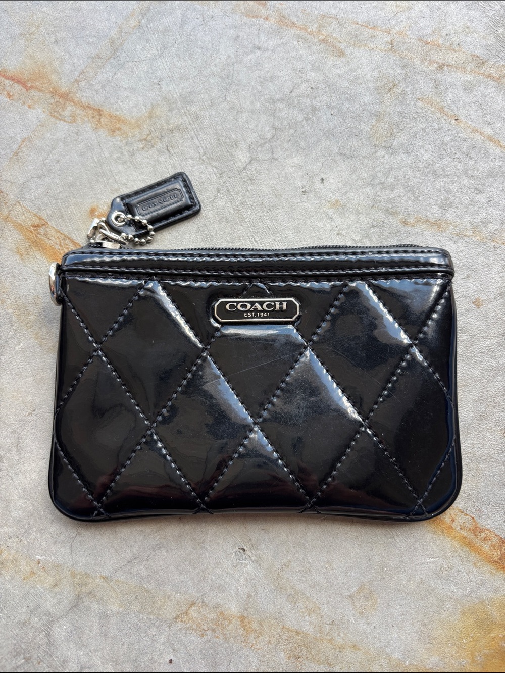 Coach Poppy Black Patent Leather Quilted Coin Card Pouch